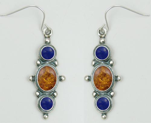 Sterling Silver Drop Dangle Earrings With Amber And Lapis Lazuli